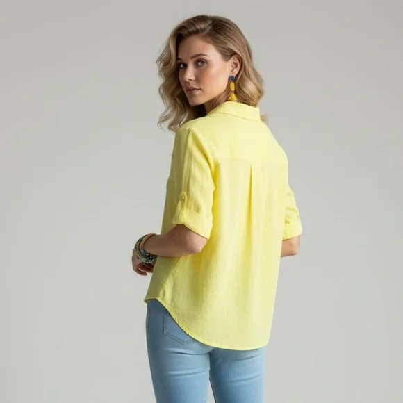 H&M Yellow Button Front Blouse 100% Cotton - Picture 2 of 9